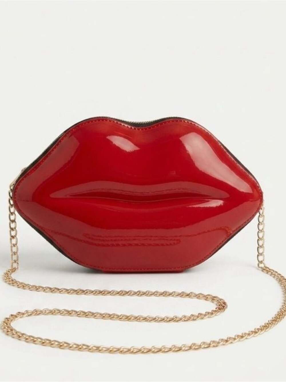 Glossy Red Lip-Shaped Crossbody Bag with Gold Chain